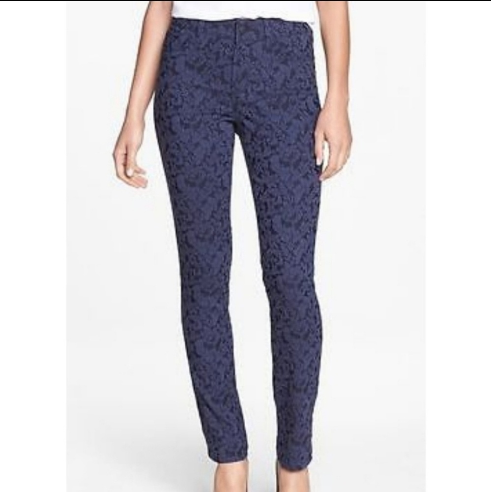 NYDJ Navy Jade Brocade Floral Skinny Legging Size 4 Not Your Daughters Jeans